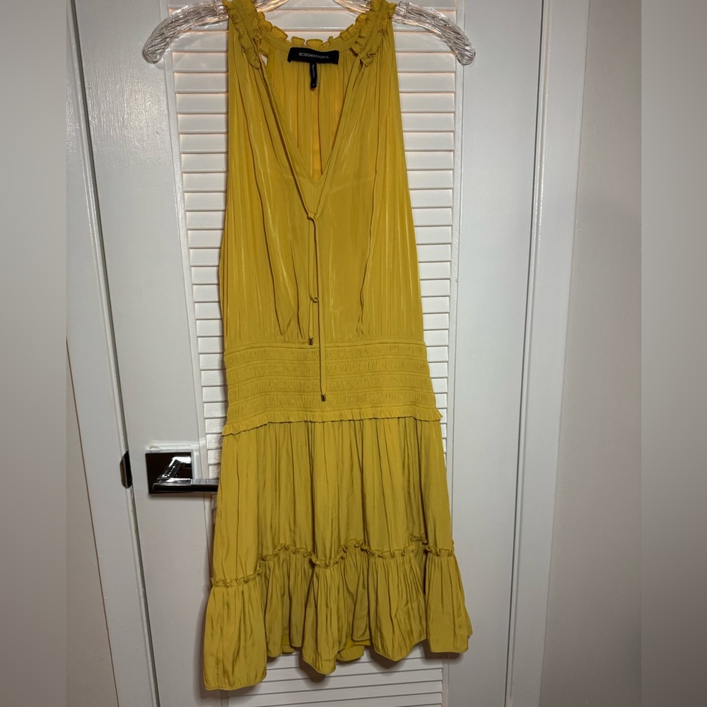 BCBG Spice Yellow sleeveless dress, smocked waist and ruffle skirt sz S